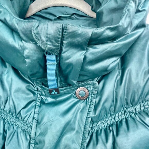 Prana Milly Down Puffer Coat Balsam Green Packable Thigh Length Hooded Womens L - Picture 5 of 15